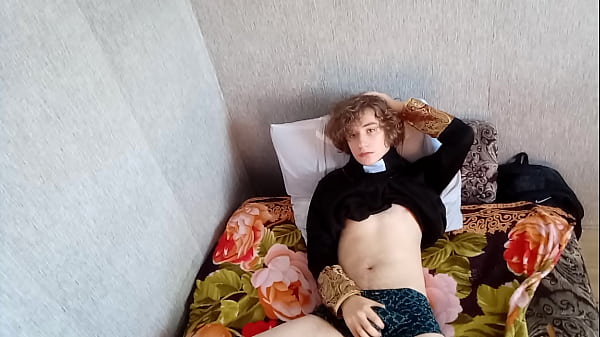 Curly priest actively jerking off and licking his cum