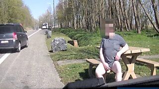 exhibition on bench parking, outdoor, public, taken