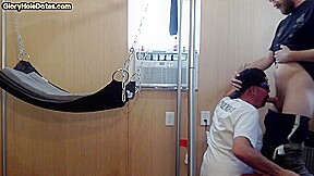 Gloryhole amateur DILF fucked by stud in sling after blowjob