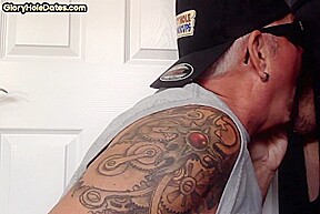 Gloryhole tattooed DILF sucks BFs cock in private amateur BJ