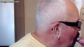 Grayhair gloryhole DILF sucks cock in private closeup video