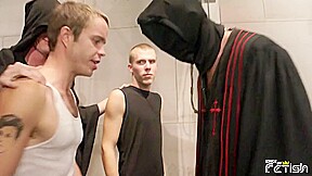 Group of twink guys blow their cocks while masked master watches