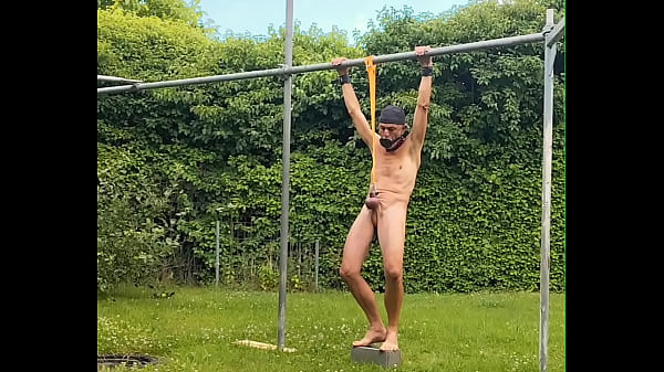 naked gay slave pig exposed uncut gay dick, outdoor swing at my testicles, fuck myself dildo in ass, BDSM CBT