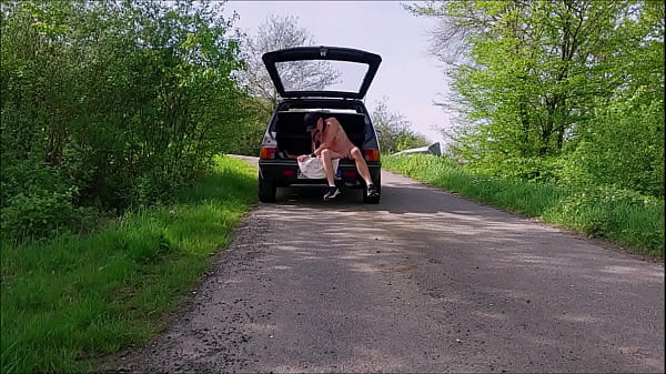 naked slave pig exposed in penis cage travel in trunk, outdoor hiking public in the wood, BDSM CBT
