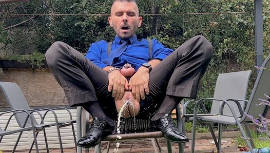 Suited Man With Locked Dick Is Playing With His Man Cunt And Pissing In Public In Sheer Socks
