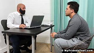 Bald bearded hunk foot worshipped and licked by young lad