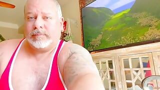 Fat Man Has a Huge Cream Pie in His Wrestling Gear and Shows His Fat Dirty Ass and Cums Hands Free