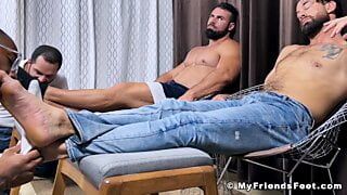 Handsome muscular men foot worshipped by black homosexual
