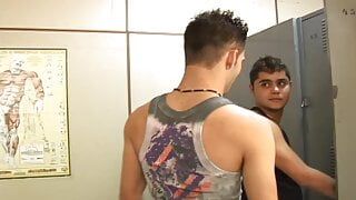 In the locker room two cute guys have incredible oral and anal sex with powerful and long lasting orgasm