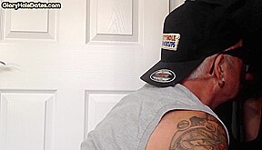 Inked gloryhole DILF sucks cock till jizz in greedy mouth