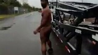 Naked in public jerking off for passing truckers
