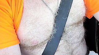 Pig pulls out his small hairy dad dick and jacks off in car