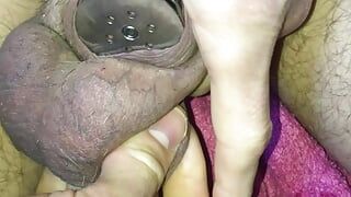 putting my dick in flat chastity cage with urethral plug