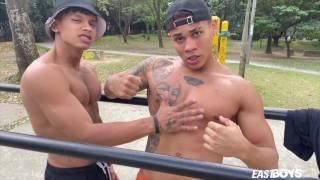 Who wants to see two muscular dudes working out in the park, flexing and comparing muscles? I hope you do! Fun continues in t