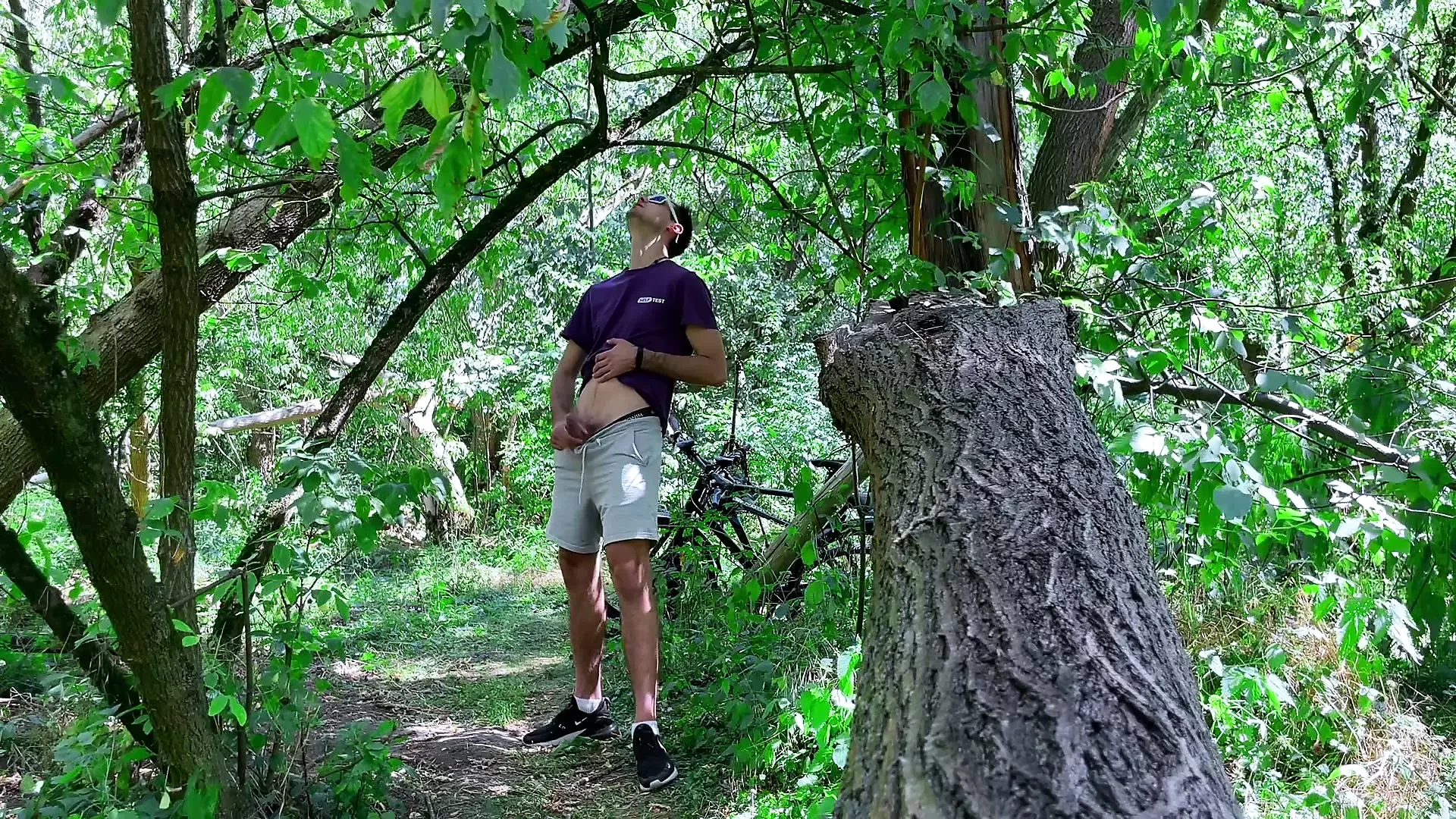 Guy jerking off dick and seducing a passerby in the woods and get a juicy dick in her mouth