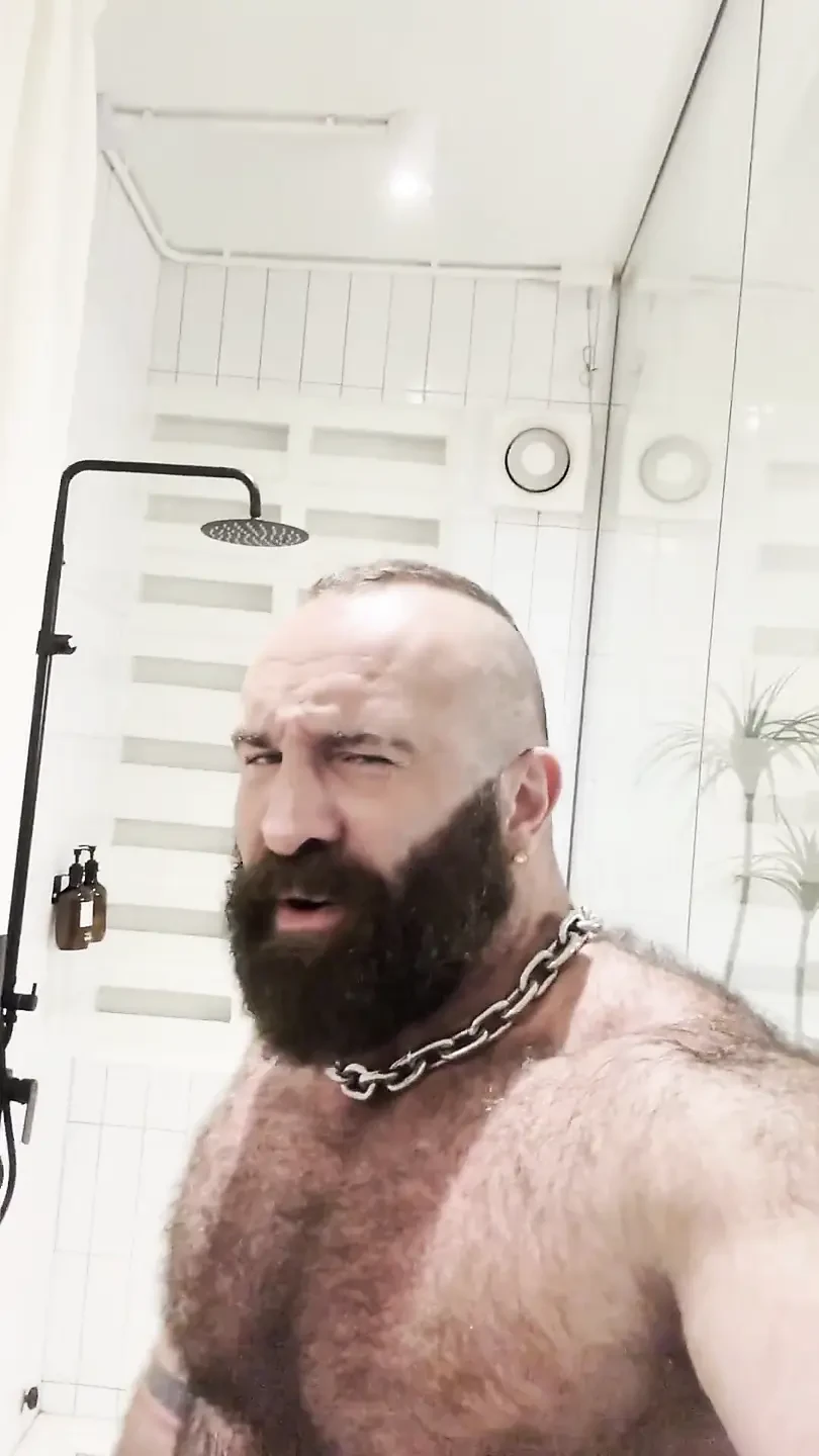 Verbal Muscle Bear Jerks His Big Cock with Cock Ring & Heavy Balls