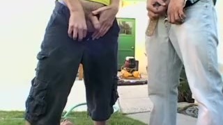 Kinky twink pissing and jerking off with his gay friends