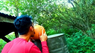 Twink is fucking a pumpkin and eating own creampie in the garden